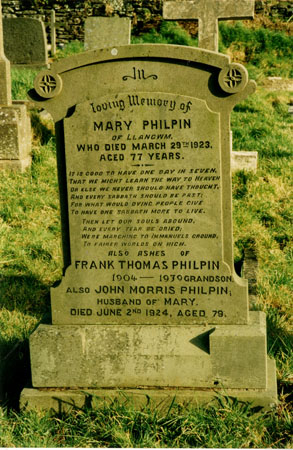 Headstone of Mary Philpin who died March 29 1923 aged 77 years, John Morris Philpin her husband died June 2 1924 and the ashes of Frank Thomas Philpin died 1939